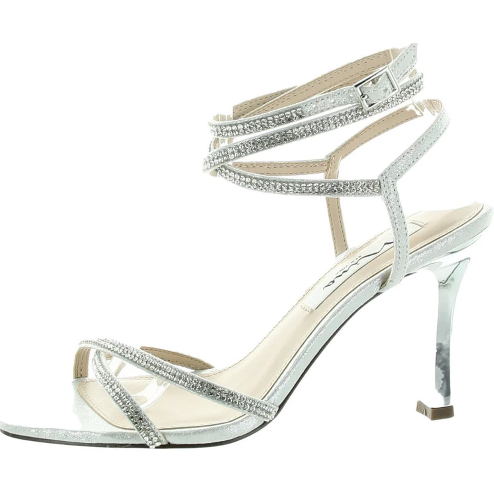 Nina Womens DENISE Silver Strappy Pumps Rhinestone Ankle Straps‎ Formal Sz 9M